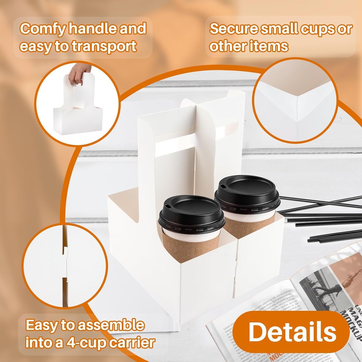MAQIHAN 2 Cup Drink Carrier with Handle - 10Pcs Disposable Paper Cardboard Coffee Cup Holder Portable Drink Caddy Cup Carriers to go Cup Holder Food Delivery Accessories for Hot/Cold Drinks (White)